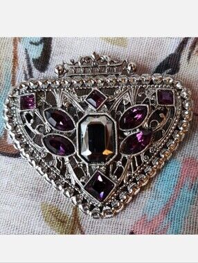 Silver Tone Art Deco Hematite Amethyst Purple Rhinestone Ornate Brooch Repro EUC
